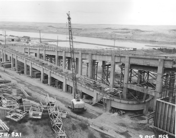 Ice Harbor Lock and Dam upstream of the Tri-Cities on the Lower Snake River celebrated its 50th anniversary of construction by the U.S. Army Corps of Engineers, June 16, 2012 at the dam. It was built from 1956 to 1962 and dedicated by Vice-President Lyndon B. Johnson on May 9, 1962. Corps of Engineers photos. (South shore fish ladder, looking NW)