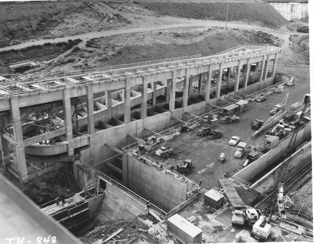 Ice Harbor Lock and Dam upstream of the Tri-Cities on the Lower Snake River celebrated its 50th anniversary of construction by the U.S. Army Corps of Engineers, June 16, 2012 at the dam. It was built from 1956 to 1962 and dedicated by Vice-President Lyndon B. Johnson on May 9, 1962. Corps of Engineers photos. (South fish ladder, looking South)