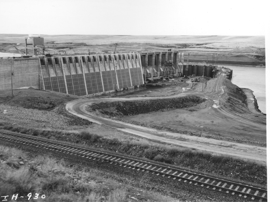 Ice Harbor Lock and Dam upstream of the Tri-Cities on the Lower Snake River celebrated its 50th anniversary of construction by the U.S. Army Corps of Engineers, June 16, 2012 at the dam. It was built from 1956 to 1962 and dedicated by Vice-President Lyndon B. Johnson on May 9, 1962. Corps of Engineers photos. (Upstream face of dam, looking NW)