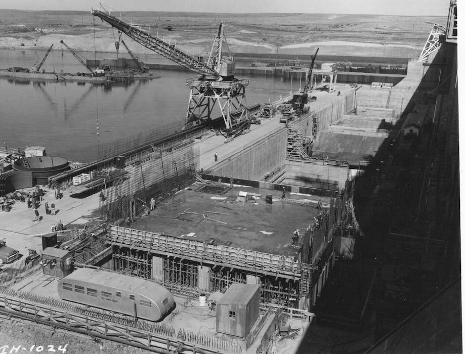 Ice Harbor Lock and Dam upstream of the Tri-Cities on the Lower Snake River celebrated its 50th anniversary of construction by the U.S. Army Corps of Engineers, June 16, 2012 at the dam. It was built from 1956 to 1962 and dedicated by Vice-President Lyndon B. Johnson on May 9, 1962. Corps of Engineers photos. (Powerhouse construction, looking North)