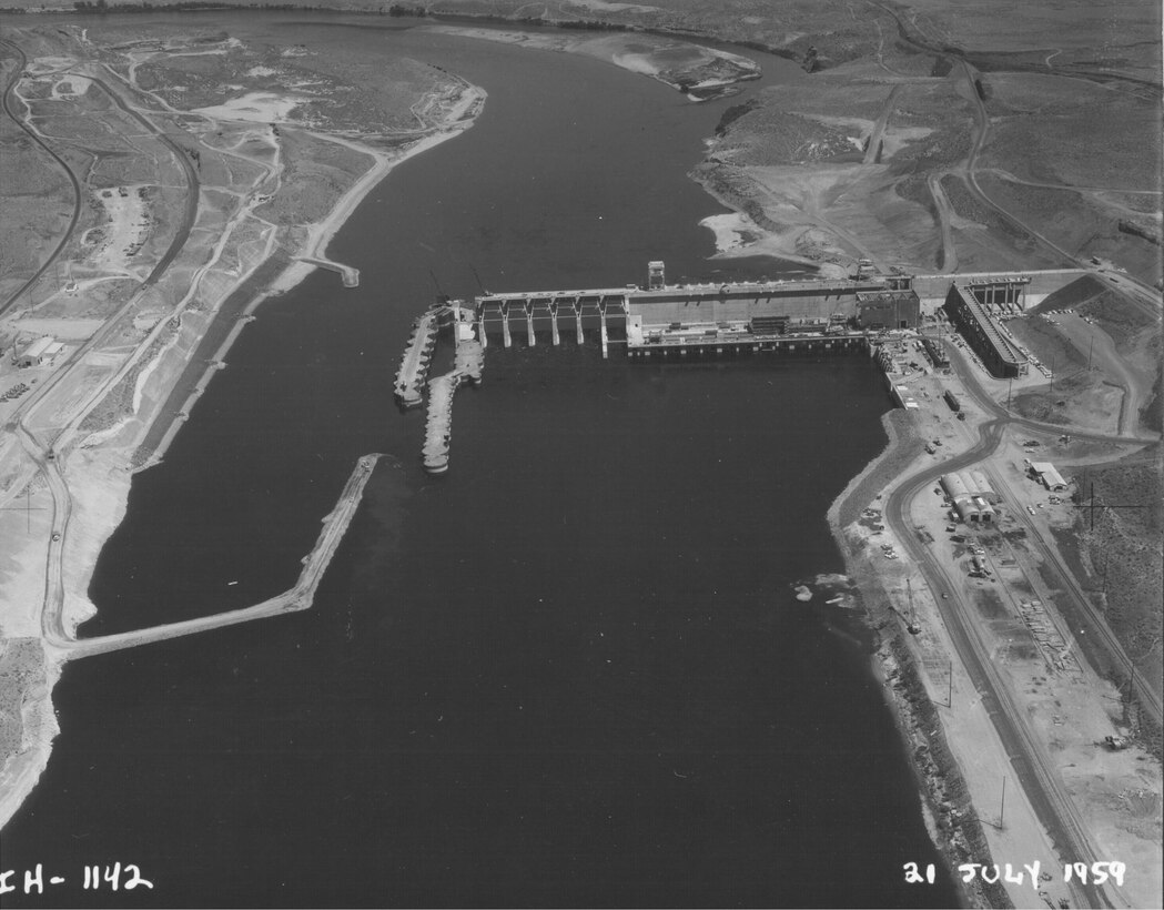 Ice Harbor Lock and Dam upstream of the Tri-Cities on the Lower Snake River celebrated its 50th anniversary of construction by the U.S. Army Corps of Engineers, June 16, 2012 at the dam. It was built from 1956 to 1962 and dedicated by Vice-President Lyndon B. Johnson on May 9, 1962. Corps of Engineers photos. (Looking East, North and South shores)