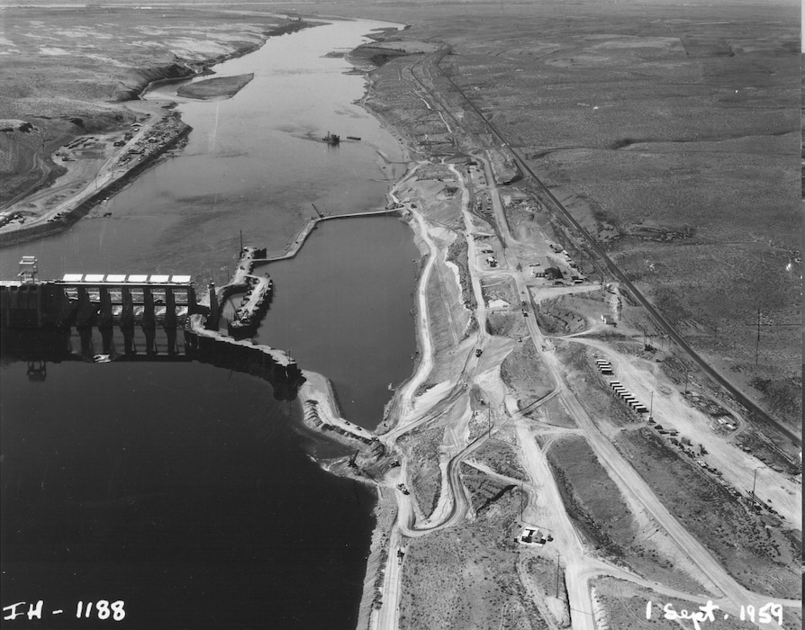 Ice Harbor Lock and Dam upstream of the Tri-Cities on the Lower Snake River celebrated its 50th anniversary of construction by the U.S. Army Corps of Engineers, June 16, 2012 at the dam. It was built from 1956 to 1962 and dedicated by Vice-President Lyndon B. Johnson on May 9, 1962. Corps of Engineers photos. (Looking West at North shore lock construction)