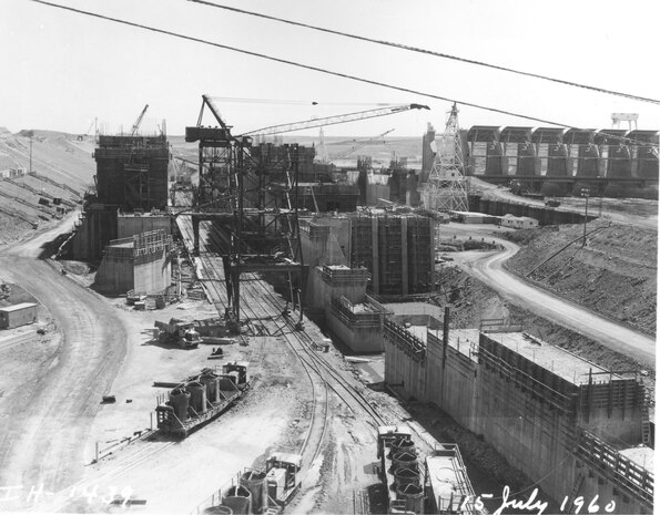 Ice Harbor Lock and Dam upstream of the Tri-Cities on the Lower Snake River celebrated its 50th anniversary of construction by the U.S. Army Corps of Engineers, June 16, 2012 at the dam. It was built from 1956 to 1962 and dedicated by Vice-President Lyndon B. Johnson on May 9, 1962. Corps of Engineers photos. (Navigation lock construction, looking east or upstream)