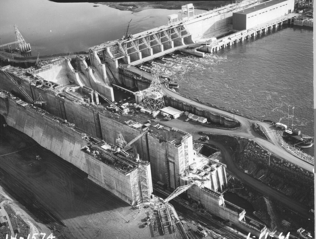 Ice Harbor Lock and Dam upstream of the Tri-Cities on the Lower Snake River celebrated its 50th anniversary of construction by the U.S. Army Corps of Engineers, June 16, 2012 at the dam. It was built from 1956 to 1962 and dedicated by Vice-President Lyndon B. Johnson on May 9, 1962. Corps of Engineers photos. (Lock construction, looking SE)