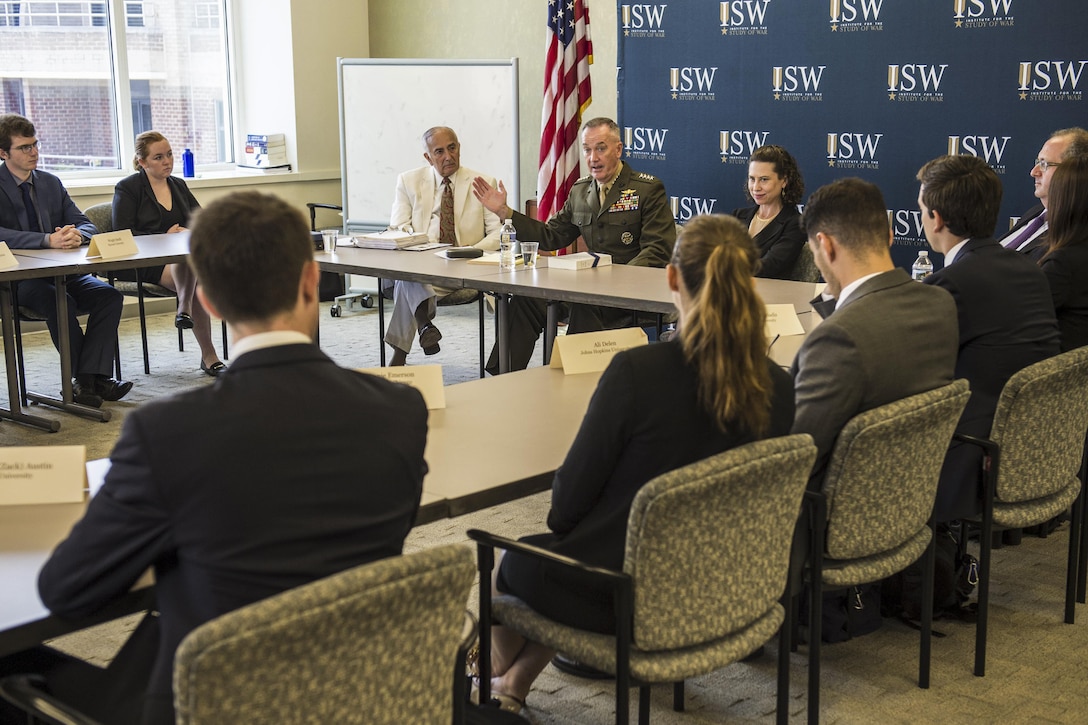 Marine Corps Gen. Joe Dunford, chairman of the Joint Chiefs of Staff, speaks to students of the Institute for the Study of War's Hertog War Studies Program in Washington, D.C., July 28, 2016. The program aims to educate advanced undergraduate students about the theory, practice, organization, and control of war and military forces. DoD photo by Army Sgt. James K. McCann