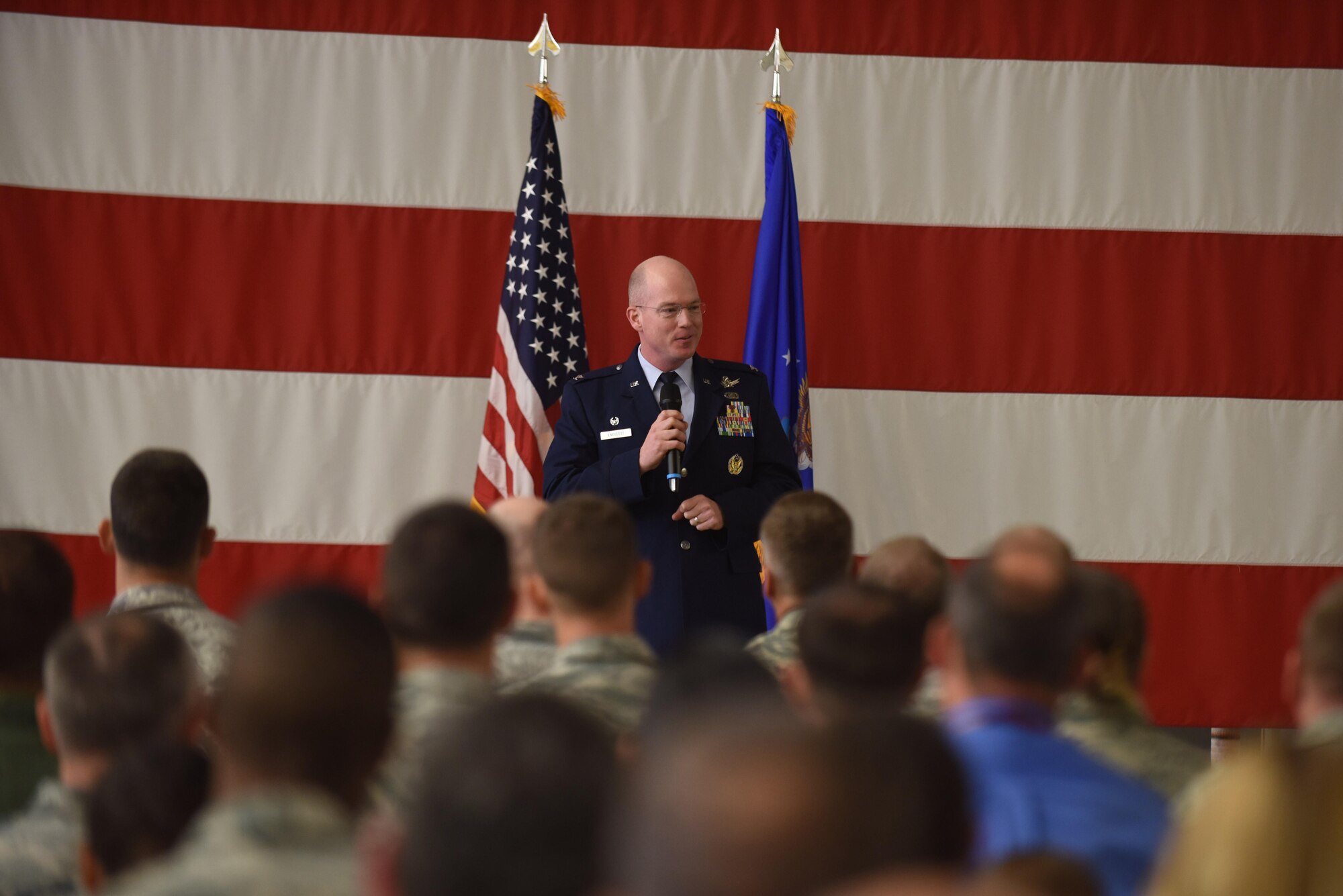 Col. Troy Endicott, 21st Operations Group commander, addresses members in attendance during an assumption of command ceremony, July 22, 2016, Vandenberg Air Force Base, Calif. Lt. Col. Scott Putnam, 18th Space Control Squadron commander, assumed command of the 18th SPCS, the newest space surveillance unit that will fall under the 21st Space Wing.