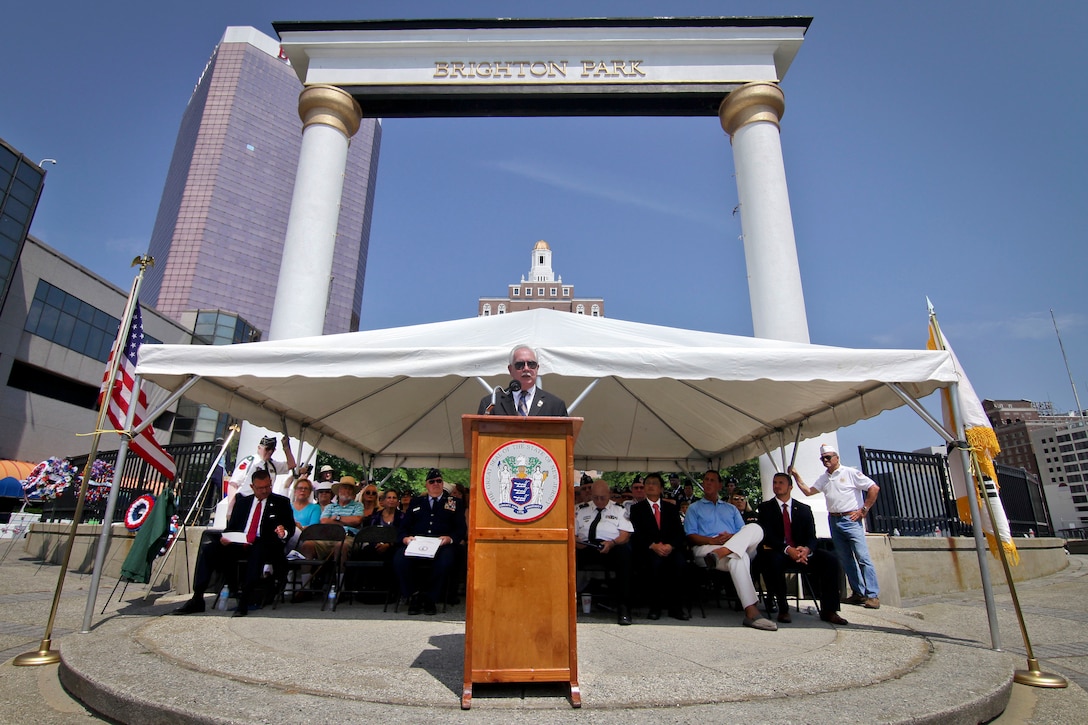 Raymond L. Zawacki, deputy commissioner for the New Jersey Department of Military and Veterans Affairs, speaks during the National Korean War Veterans Armistice Day ceremony at the New Jersey Korean Veterans War Memorial in Brighton Park, Atlantic City, N.J., July 27, 2016. Air National Guard photo by Tech. Sgt. Matt Hecht