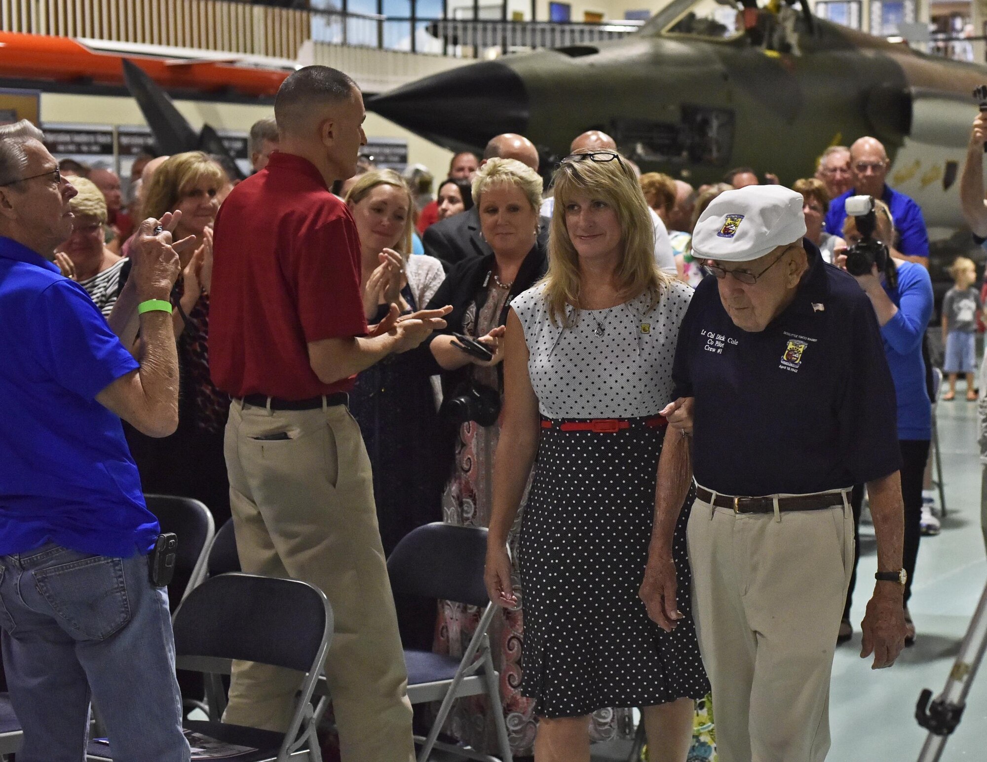 Lt. Col. (ret.) Richard “Dick” Cole enters the U.S. Air Force Armament Museum on Eglin Air Force Base, Fla., July 30, 2016. Cole assited in dedicating the newly remodeled Doolittle Raider's exhibit. (U.S. Air Force photo/Staff Sgt. Melanie Holochwost)