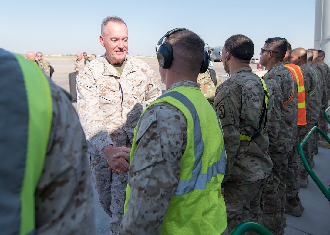 Marine Corps Gen. Joe Dunford, chairman of the Joint Chiefs of Staff, speaks to service members after arriving at Baghdad International Airport, July 30th, 2016. DoD Photo by Navy Petty Officer 2nd Class Dominique A. Pineiro