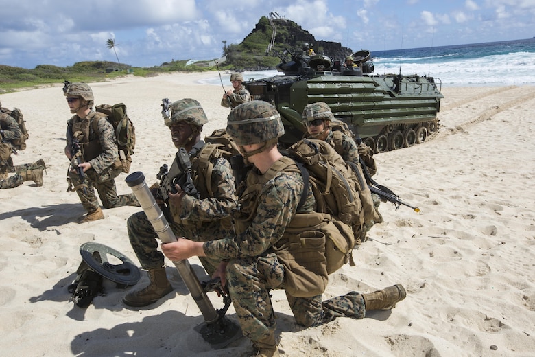 U.S. Marines with Company E, Battalion Landing Team 2nd Battalion, 3rd Marine Regiment, assault a beach during Rim of the Pacific 2016.  The assault was launched from USS San Diego and commanded by III Marine Expeditionary Force units aboard USS America. Twenty-six nations, more than 40 ships and submarines, more than 200 aircraft and 25,000 personnel are participating in RIMPAC from June 30 to Aug. 4, in and around the Hawaiian Islands and Southern California. The world's largest international maritime exercise, RIMPAC provides a unique training opportunity that helps participants foster and sustain the cooperative relationships that are critical to ensuring the safety of sea lanes and security in the world's oceans. RIMPAC 2016 is the 25th exercise in the series that began in 1971. (U.S. Marine Corps photo by Lance Cpl. Matthew Casbarro)