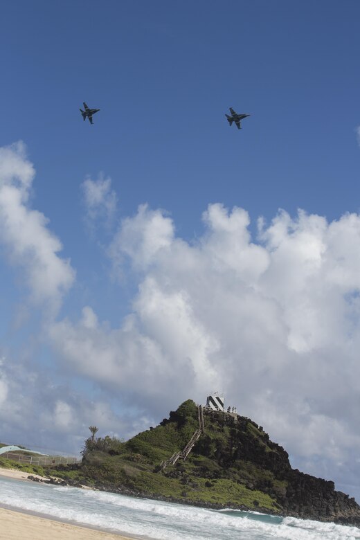 U.S. Marine Corps F/A-18 Hornets support a beach assault during Rim of the Pacific 2016. Twenty-six nations, more than 40 ships and submarines, more than 200 aircraft and 25,000 personnel are participating in RIMPAC from June 30 to Aug. 4, in and around the Hawaiian Islands and Southern California. The world's largest international maritime exercise, RIMPAC provides a unique training opportunity that helps participants foster and sustain the cooperative relationships that are critical to ensuring the safety of sea lanes and security in the world's oceans. RIMPAC 2016 is the 25th exercise in the series that began in 1971. (U.S. Marine Corps photo by Lance Cpl. Matthew Casbarro)