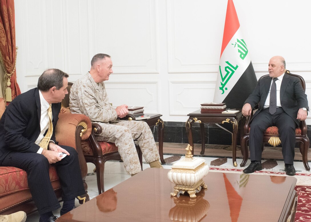 Marine Corps Gen. Joe Dunford, chairman of the Joint Chiefs of Staff, meets with Iraqi Prime Minister Haider al-Abadi in Baghdad, July 31, 2016. Dunford visited Iraq to assess the campaign against the Islamic State of Iraq and the Levant. DoD photo by Navy Petty Officer 2nd Class Dominique A. Pineiro 