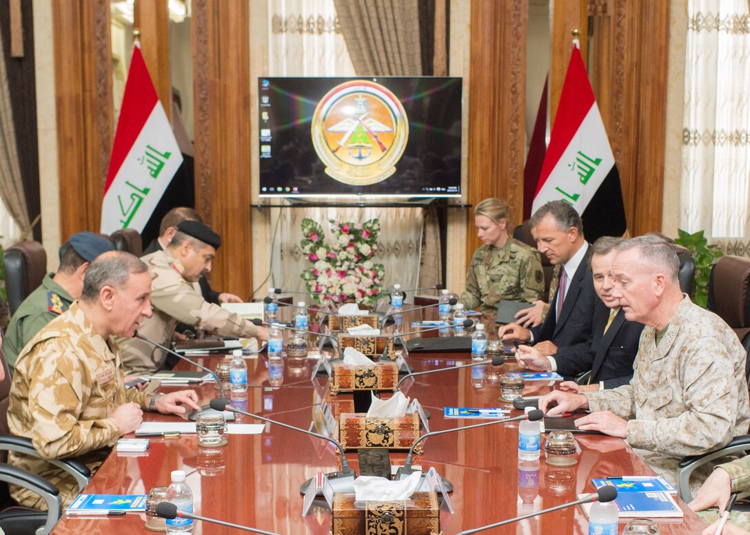 Marine Corps Gen. Joe Dunford, chairman of the Joint Chiefs of Staff, meets with Iraqi Defense Minister Khaled al-Obaidi in Baghdad, July 31, 2016. Dunford visited Iraq to assess the campaign against the Islamic State of Iraq and the Levant. DoD photo by Navy Petty Officer 2nd Class Dominique A. Pineiro