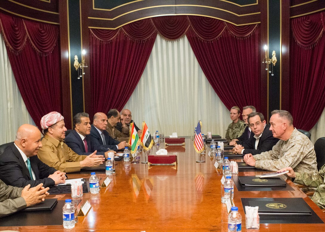 Marine Corps Gen. Joe Dunford, chairman of the Joint Chiefs of Staff, meets with Massoud Barzani, president of Iraq’s Kurdistan region in Iraq, July 31, 2016. Dunford is visiting Iraq to assess the campaign against the Islamic State of Iraq and the Levant. DoD photo by Navy Petty Officer 2nd Class Dominique A. Pineiro