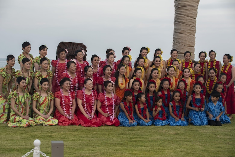 The hula dancers of the U.S. – Japan Luau Party pose for a group picture on Oshima Island, Japan, July 23, 2016. Residents of Marine Corps Air Station Iwakuni visited the island of Oshima to join in celebration of the island’s history and the bond between the U.S. and Japan. (U.S. Marine Corps photo by Cpl. Nathan Wicks)