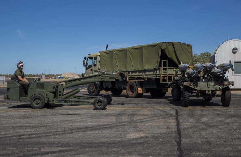 Lance Cpl. Trevor Serenelli, an aviation ordnance technician with Marine Fighter Attack Squadron (VMFA) 122, unloads high explosive ordnance during exercise Southern Frontier  at Royal Australian Air Force Base Tindal, Australia, July, 28, 2016. Southern Frontier is three weeks of unit level training helping the squadron gain experience and qualifications in low altitude, air-ground, high explosive ordnance delivery at the unit level. VMFA-122 is home based out of Marine Corps Air Station Beaufort, South Carolina and are currently assigned to MAG-12 at MCAS Iwakuni under the Unit Deployment Program.  Australia is the last stop on the squadron’s deployment before heading back home. (U.S. Marine Corps photo by Cpl. Nicole Zurbrugg)