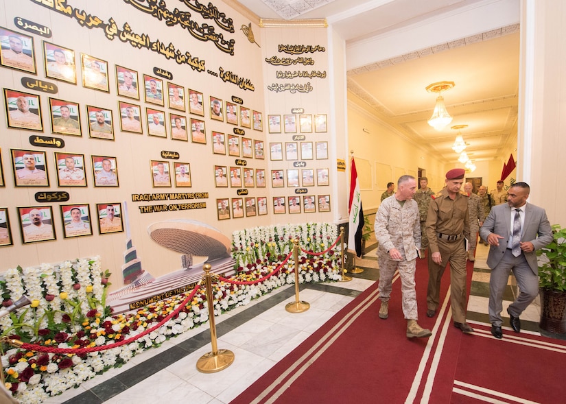 Marine Corps Gen. Joe Dunford, chairman of the Joint Chiefs of Staff, departs the Iraqi Ministry of Defense with Iraqi chief of defense Lt. Gen. Othman al-Ghanimi in Baghdad, July 31, 2016. Iraqi security forces and the Kurdish Peshmerga are working with the coalition to plan an upcoming offensive to retake Mosul, Iraq, from the Islamic State of Iraq and the Levant. DoD Photo by Navy Petty Officer 2nd Class Dominique A. Pineiro