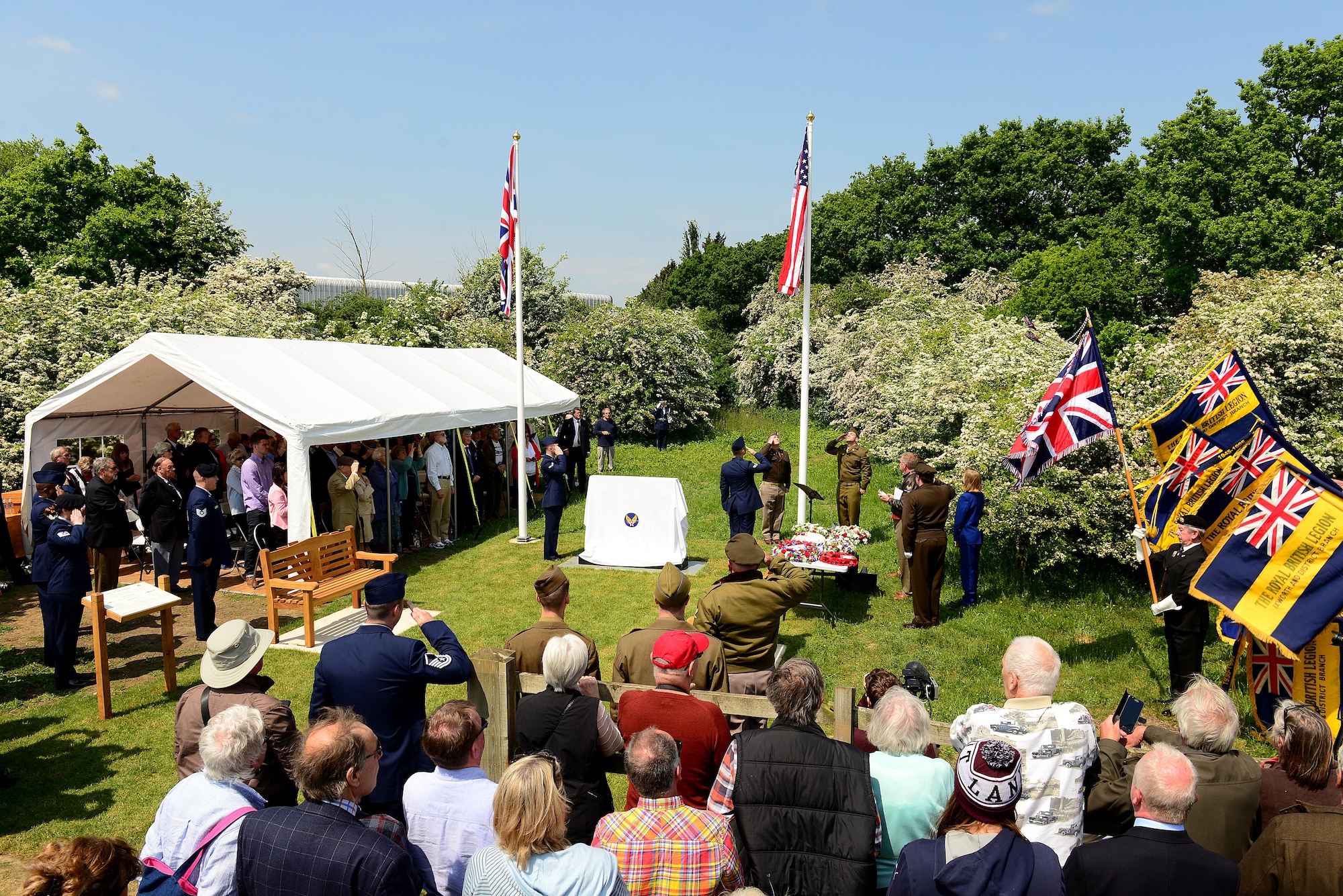 Over 100 attendees gathered to witness the unveiling of the 490th Bombardment Group Memorial, May 29, in the village of Brome, England. The ceremony was the culmination of a two-year effort by a small group of UK citizens from the Eye area of Suffolk to create a permanent monument dedicated to the men of the 490th for their contributions during World War II. (U.S. Air Force photo/ Tech Sgt. Matthew Plew)