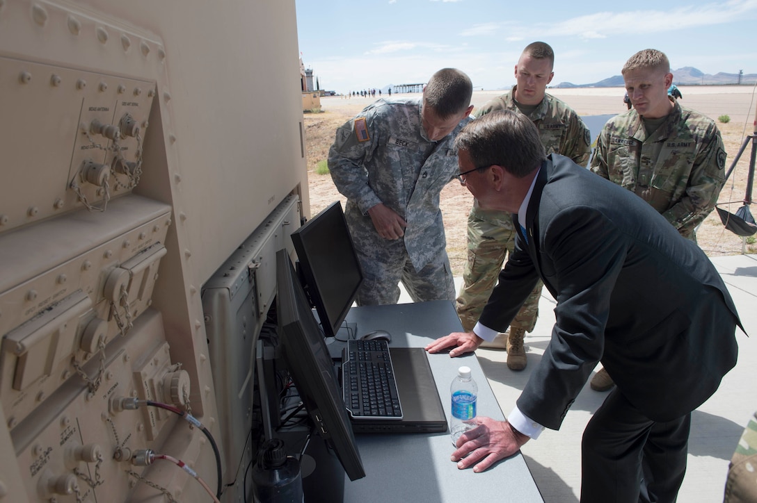 Defense Secretary Ash Carter learns about communications equipment during a tour of Fort Huachuca, Ariz., May 31, 2016. DoD photo by Navy Petty Officer 1st Class Tim D. Godbee