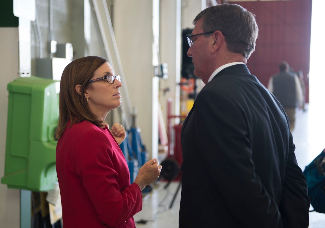 Defense Secretary Ash Carter speaks with  U.S. Rep. Martha McSally of Arizona,  a retired Air Force colonel, at Fort Huachuca, Ariz., May 31, 2016. DoD photo by Navy Petty Officer 1st Class Tim D. Godbee