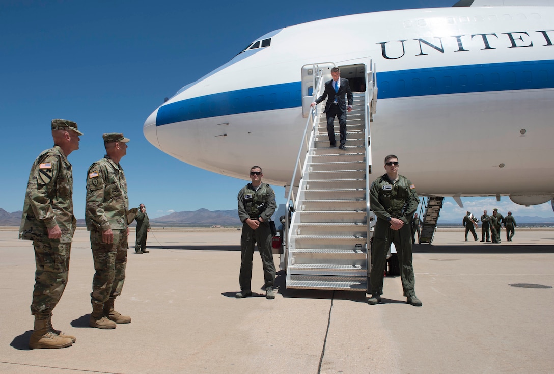 Defense Secretary Ash Carter arrives at Fort Huachuca, Ariz., May 31, 2016. Carter visited with troops and discussed key initiatives with leaders at Fort Huachuca, home of the U.S. Army Intelligence Center of Excellence and a hub of Army activity in cybersecurity and remotely piloted vehicles. DoD photo by Navy Petty Officer 1st Class Tim D. Godbee