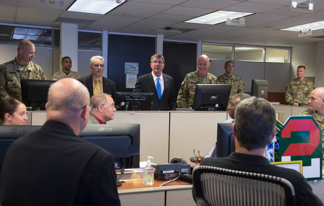 Defense Secretary Ash Carter discusses information networks at Fort Huachuca, Ariz., May 31, 2016. DoD photo by Navy Petty Officer 1st Class Tim D. Godbee