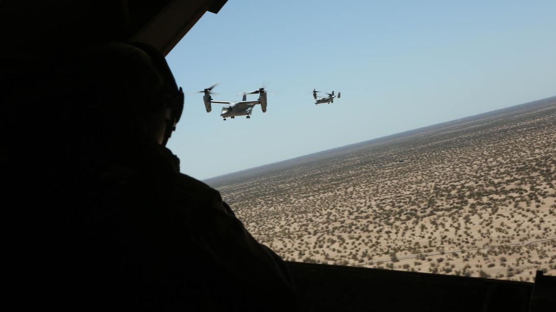 A Marine with Marine Medium Tiltrotor Squadron (VMM) 364 “Purple Foxes” checks the rear of an MV-22B Osprey during section and division confined area landings at Holtville Airfield, Calif., May 20. The training was conducted to familiarize both pilots and crew chiefs with landing in a small area around other aircraft. 