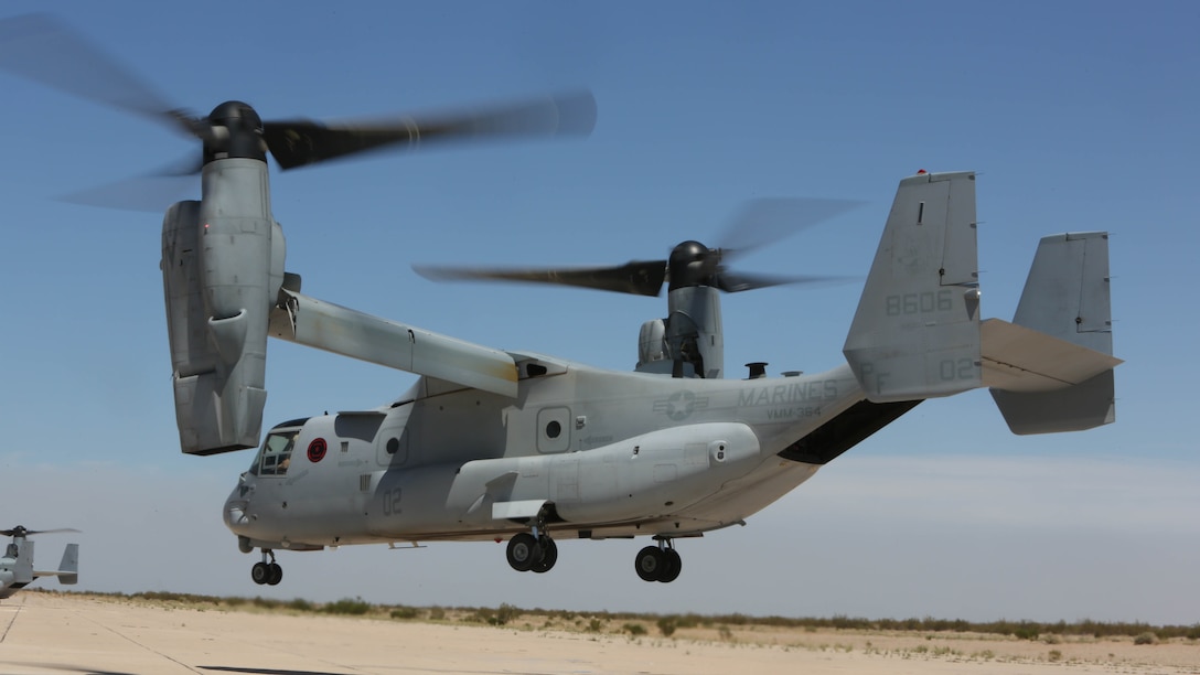 An MV-22B Osprey with Marine Medium Tiltrotor Squadron (VMM) 364 “Purple Foxes” lands during section and division confined area landings at Holtville Airfield, Calif., May 20. The training was conducted to familiarize both pilots and crew chiefs with landing in a small area around other aircraft. (