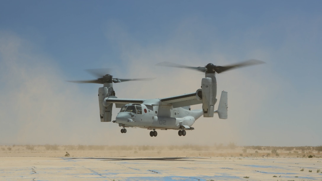 An MV-22B Osprey with Marine Medium Tiltrotor Squadron (VMM) 364 “Purple Foxes” lands during section and division confined area landings at Holtville Airfield, Calif., May 20. The training was conducted to familiarize both pilots and crew chiefs with landing in a small area around other aircraft.