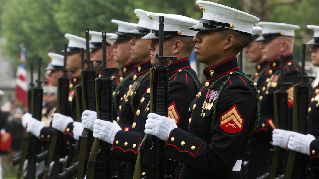 Marines from 6th Marine Regiment, 2nd Marine Division perform a rifle salute during a Memorial Day ceremony performed alongside the French Army at the Aisne-Marne American Memorial Cemetery in Belleau, France, May 29, 2016. The French and the Americans gathered together, as they do every year, to honor those service members from both countries who have fallen in WWI, Belleau Wood and throughout history, fighting side by side. The Marines also remembered those they lost in the Battle of Belleau Wood 98 years ago.