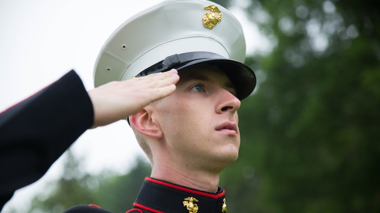 Cpl. Lucas DeValder, trumpet player with 2nd Marine Division band, salutes during a Memorial Day ceremony in which U.S. Marines performed alongside the French Army at the Aisne-Marne American Memorial Cemetery in Belleau, France, May 29, 2016. The French and the Americans gathered together, as they do every year, to honor those service members from both countries who have fallen in WWI, Belleau Wood and throughout history, fighting side by side. The Marines also remembered those they lost in the Battle of Belleau Wood 98 years ago.