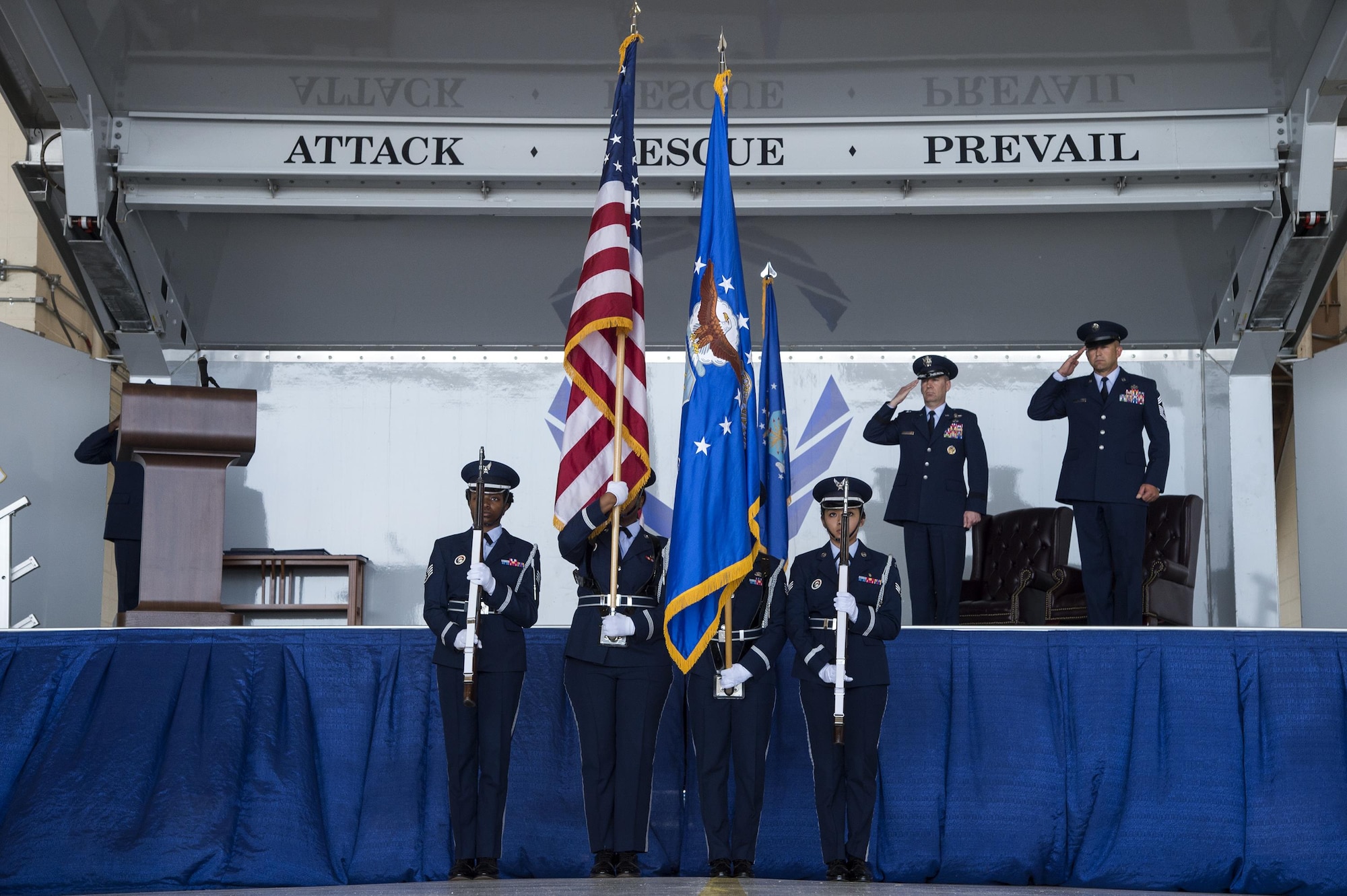 Moody honor guardsmen present the colors during the retirement of U.S. Air Force Chief Master Sgt. David Kelch, 23d Wing command chief, at Moody Air Force Base, Ga., May 26, 2016. Kelch, who has served as the 23d WG's command chief since July of 2014, retired after 29 years and seven months of military service. (U.S. Air Force photo by Janiqua P. Robinson/Released)