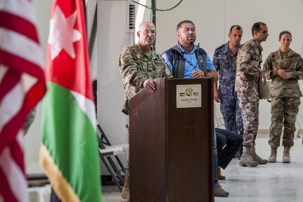 U.S. Army Brig. Gen. Brad Owens, director of Joint Staff for the South Carolina National Guard, provides closing remarks during the recognition ceremony for participants of Eager Lion 16. Eager Lion is a bilateral, scenario-based exercise with the Hashemite Kingdom of Jordan, designed to exchange military expertise and improve interoperability among partner nations.