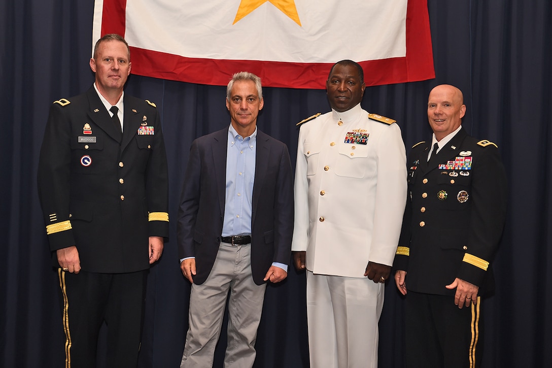 From left to right: United States Army Reserve Brig. Gen. Frederick R. Maiocco Jr., Commanding General, 85th Support Command; Chicago Mayor Rahm Emanuel; Navy Rear Admiral Stephen C. Evans, Commander, Naval Service Training Command, Great Lakes; and United States Army Lt. Gen. Kenneth R. Dahl, Commanding General, U.S. Army Installation Management Command, pause for a photo in front of the Gold Star Family flag after the Gold Star Family breakfast held in Macy’s Walnut Room in Chicago, May 28, 2016.
(U.S. Army photo by Sgt. Aaron Berogan/Released)