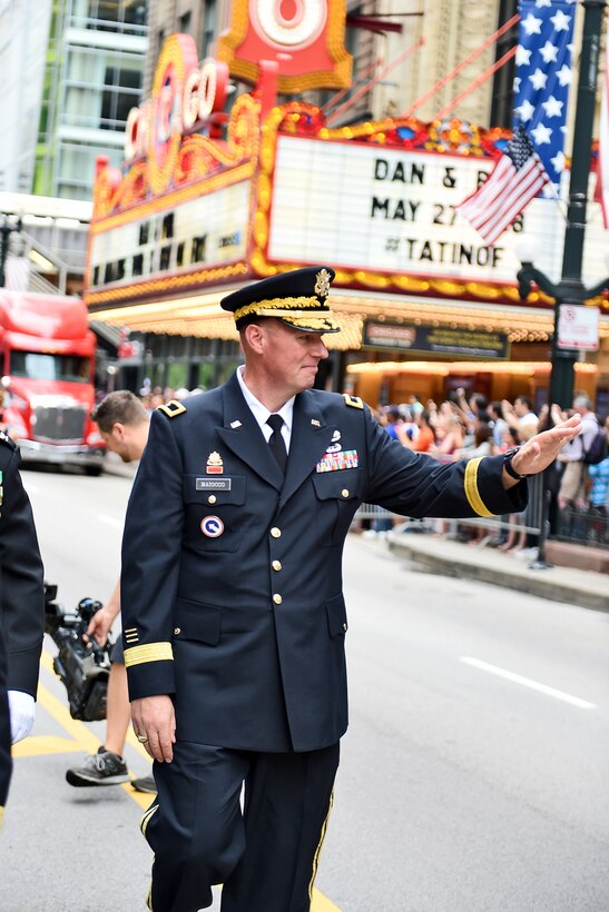 United States Army Reserve Brig. Gen. Frederick R. Maiocco Jr., Commanding General, 85th Support Command, waves to the crowd during the Chicago Memorial Day parade, May 28, 2016. The parade started at the iconic Chicago Theatre on State and Lake Streets and continued down State Street with thousands in attendance. 
(U.S. Army photo by Sgt. Aaron Berogan/Released)