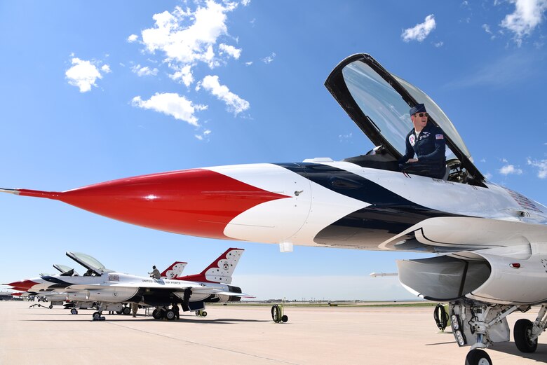 Maj. Alexander Goldfein, U.S. Air Force Thunderbird’s right wing pilot, exits his aircraft at Peterson Air Force Base, Colo., on May 30, 2016. More than 300 million people in all 50 states and 58 foreign countries have seen the red, white and blue jets in more than 4,000 aerial demonstrations. (U.S. Air Force photo by Airman 1st Class Dennis Hoffman)