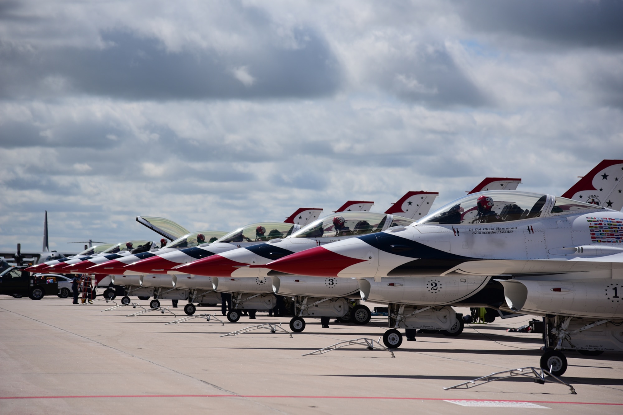 The U.S. Air Force Air Demonstration Squadron, the Thunderbirds, prepare for takeoff from Peterson Air Force Base, Colo., May 31, 2016. The Thunderbirds, experts in precision aerial maneuvers, are in Colorado to perform a flyover during the United States Air Force Academy graduation. (U.S. Air Force photo by Staff Sgt. Amber Grimm))
