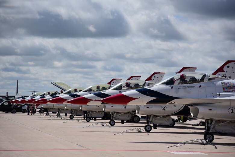 The U.S. Air Force Air Demonstration Squadron, the Thunderbirds, prepare for takeoff from Peterson Air Force Base, Colo., May 31, 2016. The Thunderbirds, experts in precision aerial maneuvers, are in Colorado to perform a flyover during the United States Air Force Academy graduation. (U.S. Air Force photo by Staff Sgt. Amber Grimm))