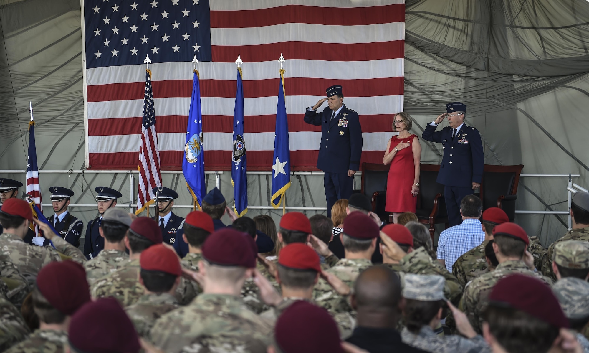 The family of Capt. Matthew D. Roland, a Special Tactics officer killed in action, was presented his posthumous Silver Star medal by Lt. Gen. Brad Heithold, commander of Air Force Special Operations Command, Hurlburt Field, Fla., June 1, 2016. Roland gave his last full measure to protect teammates during an ambush on his convoy at an Afghan-led security checkpoint near Camp Antonik, Afghanistan, Aug. 26, 2015. The Silver Star medal is the nation's third-highest valorous combat decoration.  (U.S. Air Force photo by Senior Airman Ryan Conroy/Released)