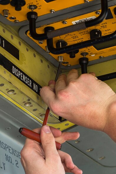 A U.S. Air Force Airman from the 71st Aircraft Maintenance Unit tests electrical currents attached to the flares system during an isochronal inspection, May 31, 2016, at Moody Air Force Base, Ga. ISO inspections like this take approximately 20 days to complete due to their extensive nature. (U.S. Air Force photo by Airman Daniel Snider/Released)