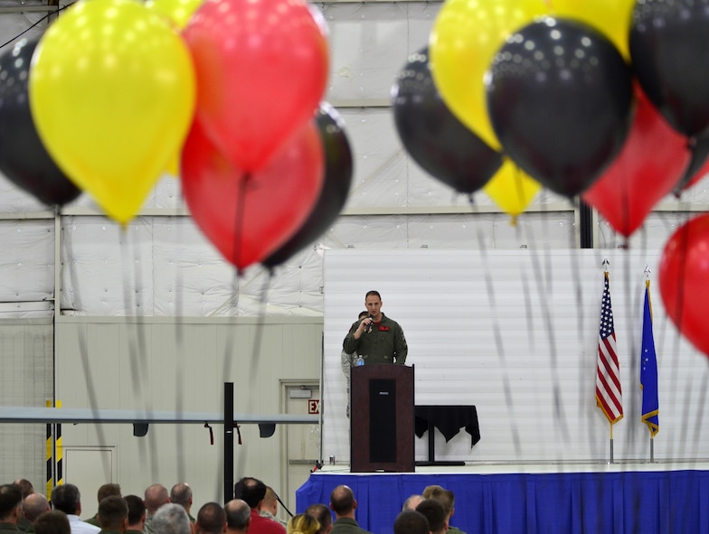 Col. Julian, 432nd Operations Group commander, speaks during 432nd OG 25th Anniversary celebration May 20, 2016, at Creech Air Force Base, Nevada. The ceremony highlighted the past, present and future contributions of the men and women of the 432nd OG to the MQ-1 Predator and MQ-9 Reaper community. (U.S. Air Force photo by Senior Airman Christian Clausen/Released)