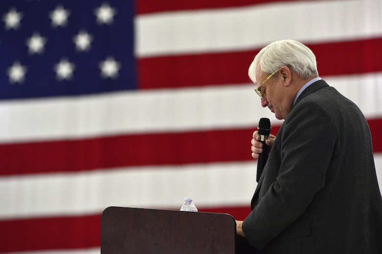 Retired Lt. Gen. Robert Dierker, former 432nd Operations Group commander, addresses the 432nd OG during the 25th Anniversary Birthday celebration May 20, 2016. The 432nd OG is responsible for the employment of MQ-1 Predator and MQ-9 Reaper for over 18 squadrons around the U.S. Air Force, and Air National Guard. (U.S. Air Force photo by Senior Airman Christian Clausen/Released)