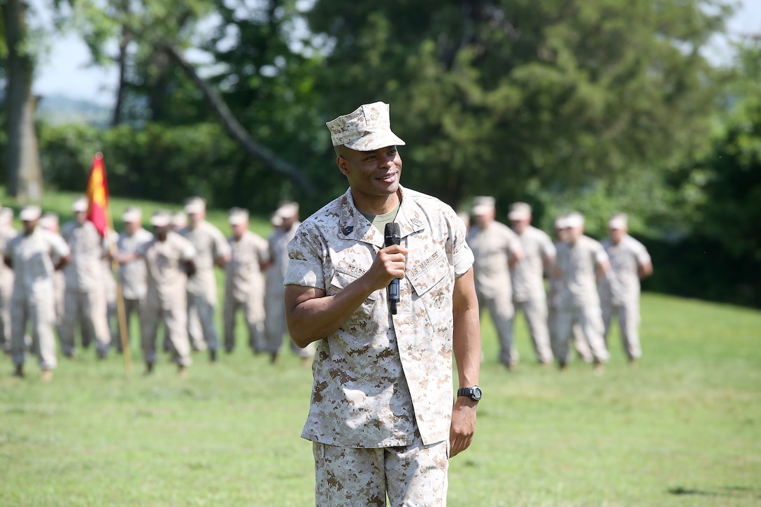 Sgt. Maj. Fletcher Pearson, former senior enlisted leader at Marine Corps Systems Command, gives remarks during a Relief and Appointment Ceremony June 1 aboard Marine Corps Base Quantico, Virginia. Pearson, who retired after 30 years in the Marine Corps, relinquished responsibility to Sgt. Maj. Gary Smith. (U.S. Marine Corps photo by Monique Randolph)