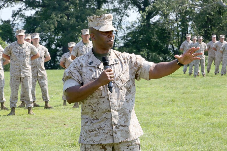 Sgt. Maj. Gary Smith speaks to the audience after assuming responsibility as the senior enlisted leader for Marine Corps Systems Command. Smith will serve as the principal advisor to the commander on all issues affecting health, morale, welfare and professional development for Marines within the command. (U.S. Marine Corps photo by Mathuel Browne)