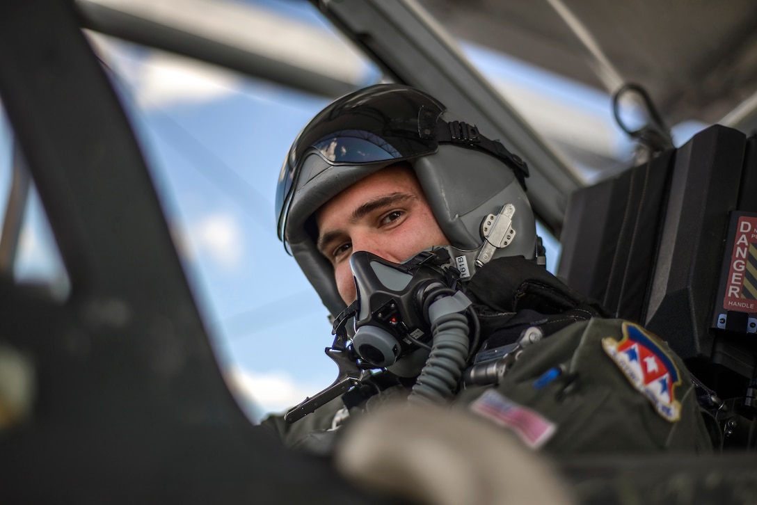 2nd Lt. Tom Fitzgerald, a former enlisted F-15C Eagle crew chief, sits in the cockpit of a trainer aircraft on the flightline at Vance Air Force Base, Oklahoma. Fitzgerald graduated Specialized Undergraduate Pilot Training Class 16-08 at Vance Air Force Base April 29, and was selected for upgrade training to fly the F-15C with his California Air National Guard unit. (U.S. Air Force photo by David Poe)