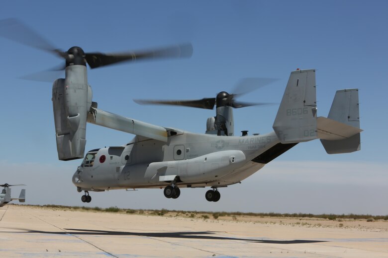 An MV-22B Osprey with Marine Medium Tiltrotor Squadron (VMM) 364 “Purple Foxes” lands during section and division confined area landings at Holtville Airfield, Calif., May 20. The training was conducted to familiarize both pilots and crew chiefs with landing in a small area around other aircraft. (U.S. Marine Corps photo by Pfc. Liah Kitchen/Released)