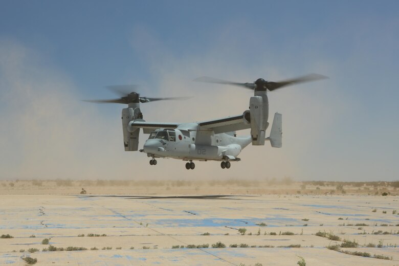 An MV-22B Osprey with Marine Medium Tiltrotor Squadron (VMM) 364 “Purple Foxes” lands during section and division confined area landings at Holtville Airfield, Calif., May 20. The training was conducted to familiarize both pilots and crew chiefs with landing in a small area around other aircraft. (U.S. Marine Corps photo by Pfc. Liah Kitchen/Released)