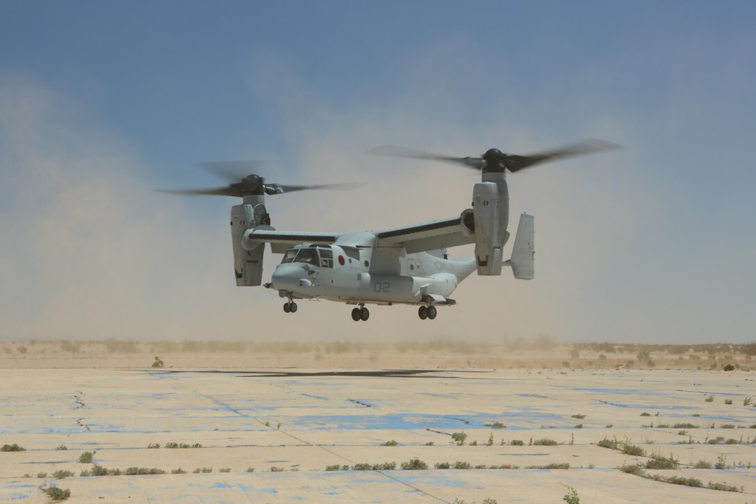 A Marine with Marine Medium Tiltrotor Squadron (VMM) 364 “Purple Foxes” checks the rear of an MV-22B Osprey during section confined area landings at Holtville Airfield, Calif., May 20. Members of the squadron conducted the training to familiarize both pilots and crew chiefs with landing in a small area near other aircraft (U.S. Marine Corps photo by Pfc. Liah Kitchen/Released)