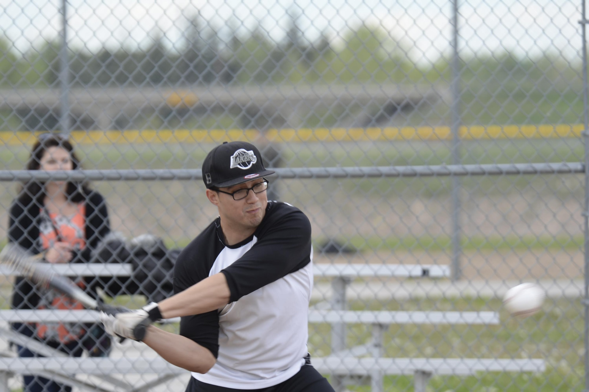 Joseph Cisneros, 790th Missile Security Forces Squadron intramural softball team player, takes a swing at the ball on one of the F.E. Warren Air Force Base, Wyo., ball fields May 31, 2016. The 790 team kept fighting until the end, but their team lost against the 90th Munitions Squadron team 9 to 21. (U.S. Air Force photo by Senior Airman Jason Wiese)