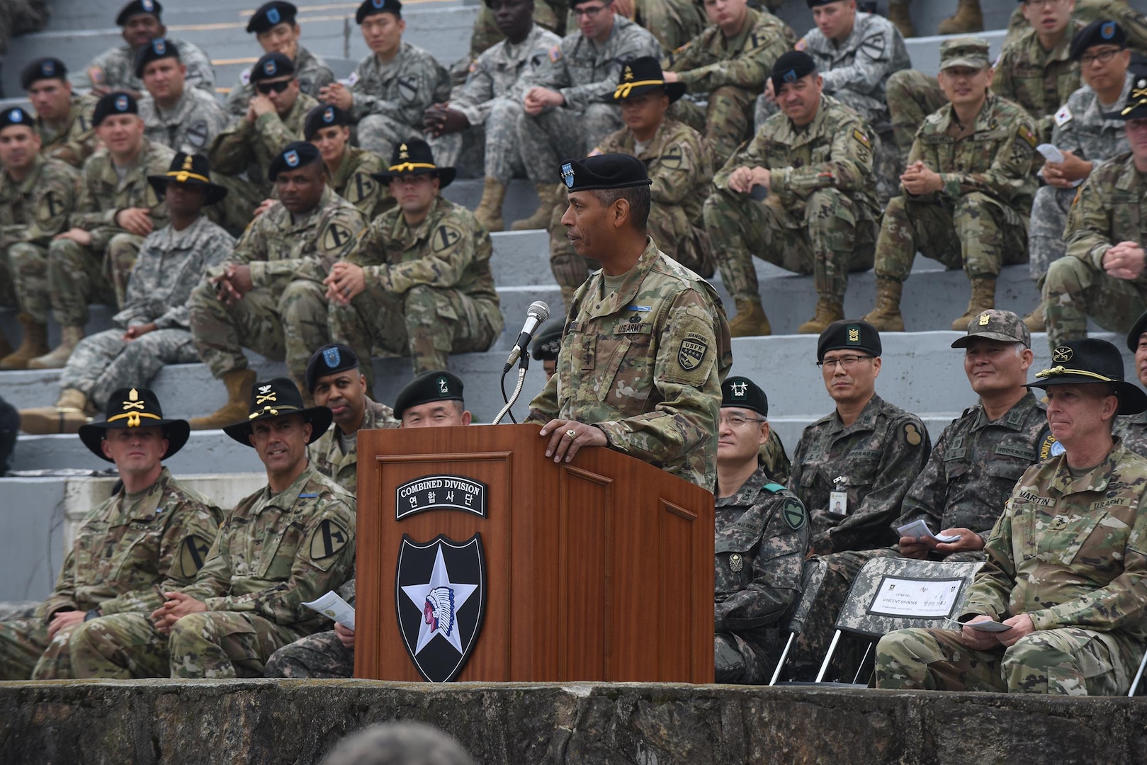 Gen. Vincent Brooks, commanding general, U.S. Forces Korea, congratulates the 131 U.S. and South Korean Soldiers that earned the Expert Infantryman Badge during a ceremony May 26 at Camp Casey, South Korea. “Well done by each and every one of you earning this coveted and very distinguished badge,” said Brooks, who earned the EIB as a captain. “To this day, the EIB remains one of my proudest accomplishments in my 40-year career.” (U.S. Army photo by Staff Sgt. Keith Anderson, 1st Armored Brigade Combat Team Public Affairs, 1st Cav. Div.)